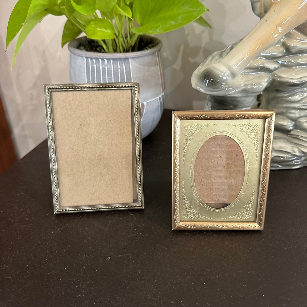 Vintage Metal Picture Frame Set Silver Beaded Rectangular Gold Oval Gallery